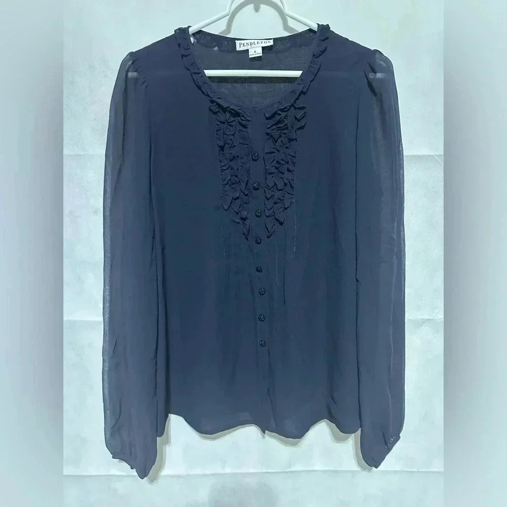 Pendleton Ruffled Blouse Sz 6 Long Puff Sheer Sleeve Navy Button Down 100% Silk